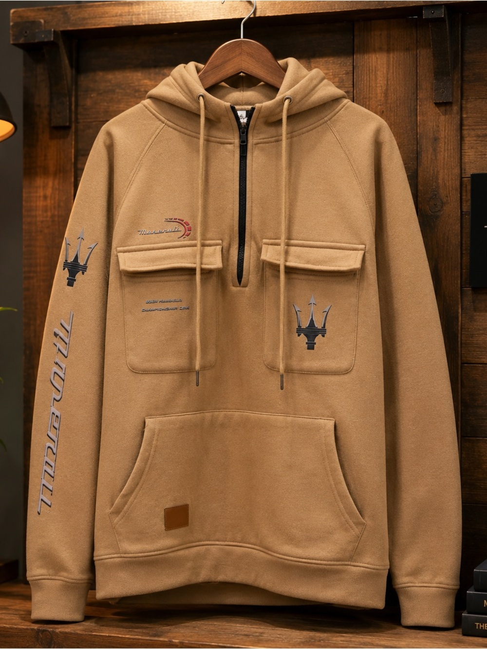Maserati —Men's Hooded Pullover Shirt - Tan Logo